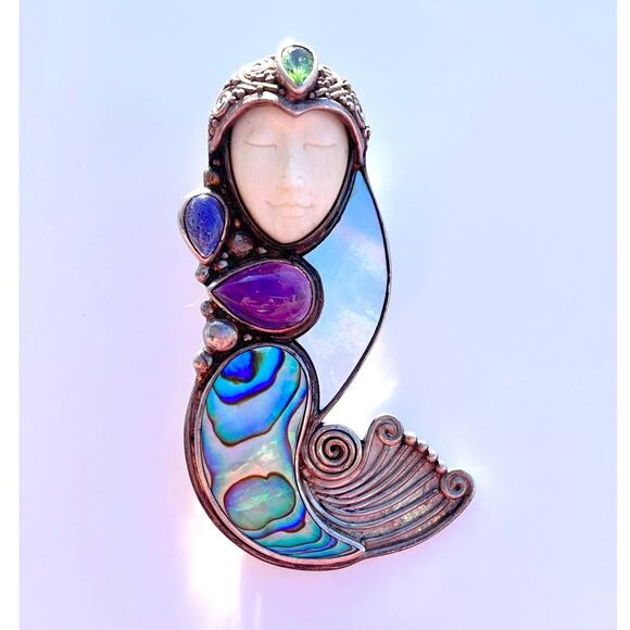 925 Silver Sajen Mermaid PIN PENDANT Abalone Shell Multi Gemstone Bali Goddess